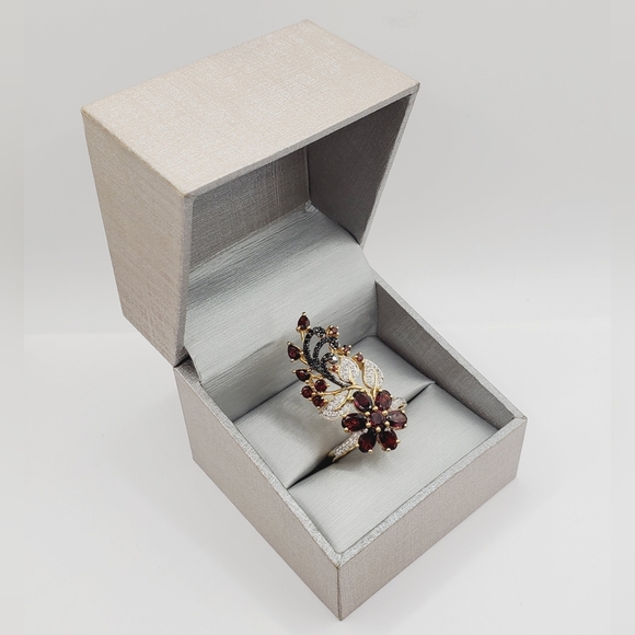 Genuine Garnet White Topaz Black Spinel 14k Yellow Gold 925 Silver Flower Ring - Picture 7 of 7